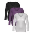thumbnail image 4 of Essential Basic Women's Junior and Plus Size Vneck Tshirt Long Sleeves Shirt Tee, 2xl, 3Pk Black, Violet, White, 4 of 4