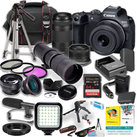 Canon EOS R7 Mirrorless Camera w/18-45mm and RF 75-300mm and 420-800mm Lens   SanDisk 64GB Extreme Pro Memory Card   LED Light   Tripod   More (28pc Bundle) (International Version)