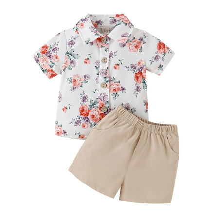 

GWAABD Summer Toddler Boy Clothes Toddler Boys Short Sleeve Floral Prints T Shirt Tops Shorts Child Kids Gentleman Outfits
