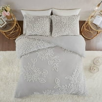 Izzovium King/Cal King 3-Piece Cotton Chenille Duvet Cover Set, Grey Floral Tufted Bedding with Button Closure and Shams