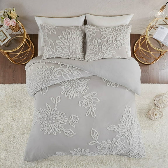 King/Cal King 3 Piece Tufted Cotton Chenille Floral Duvet Cover Set