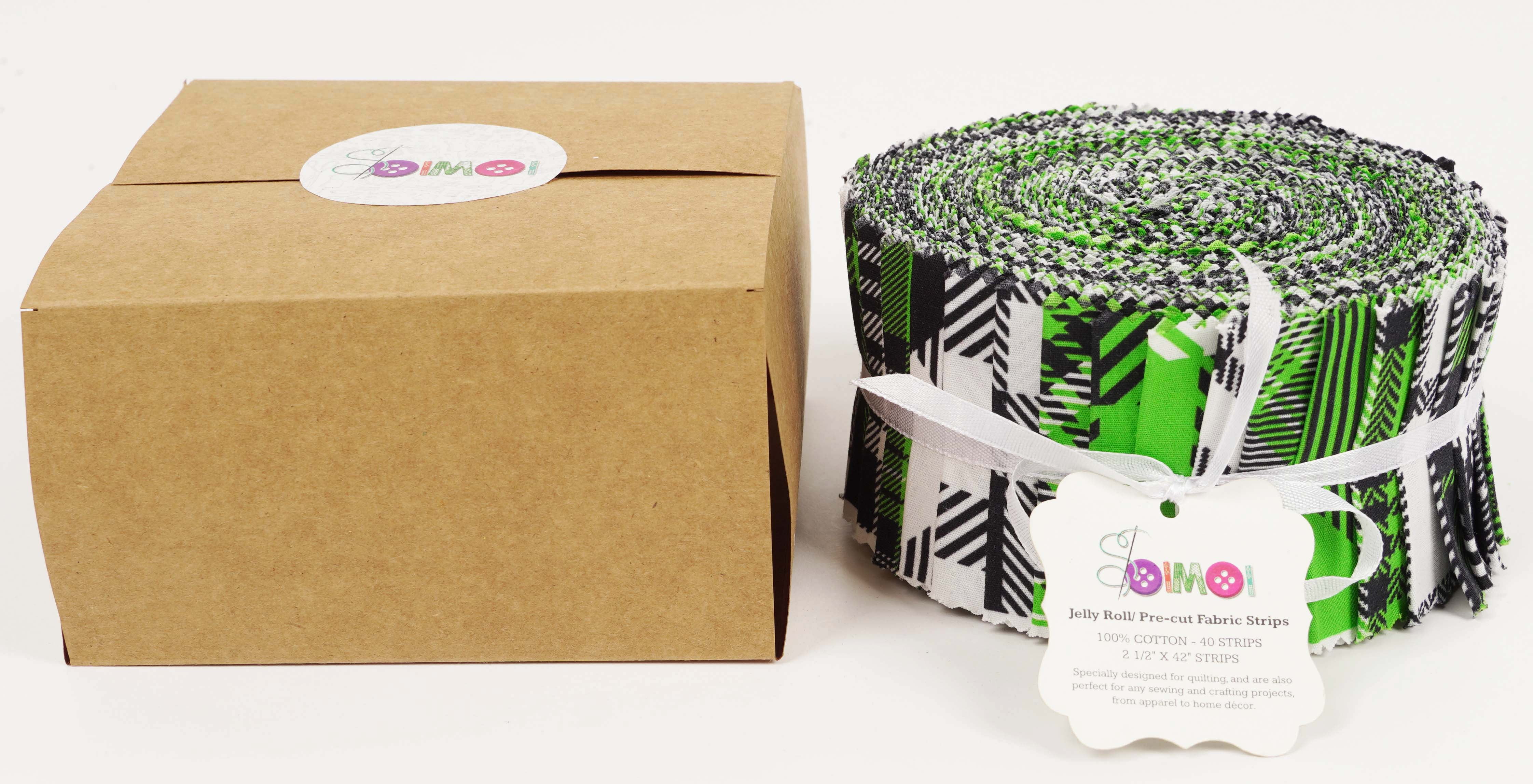 Soimoi 40Pcs Check & Tartan Print Cotton Precut Fabrics For Quilting Craft Strips 2.5x42inches Jelly Roll - Green & Black