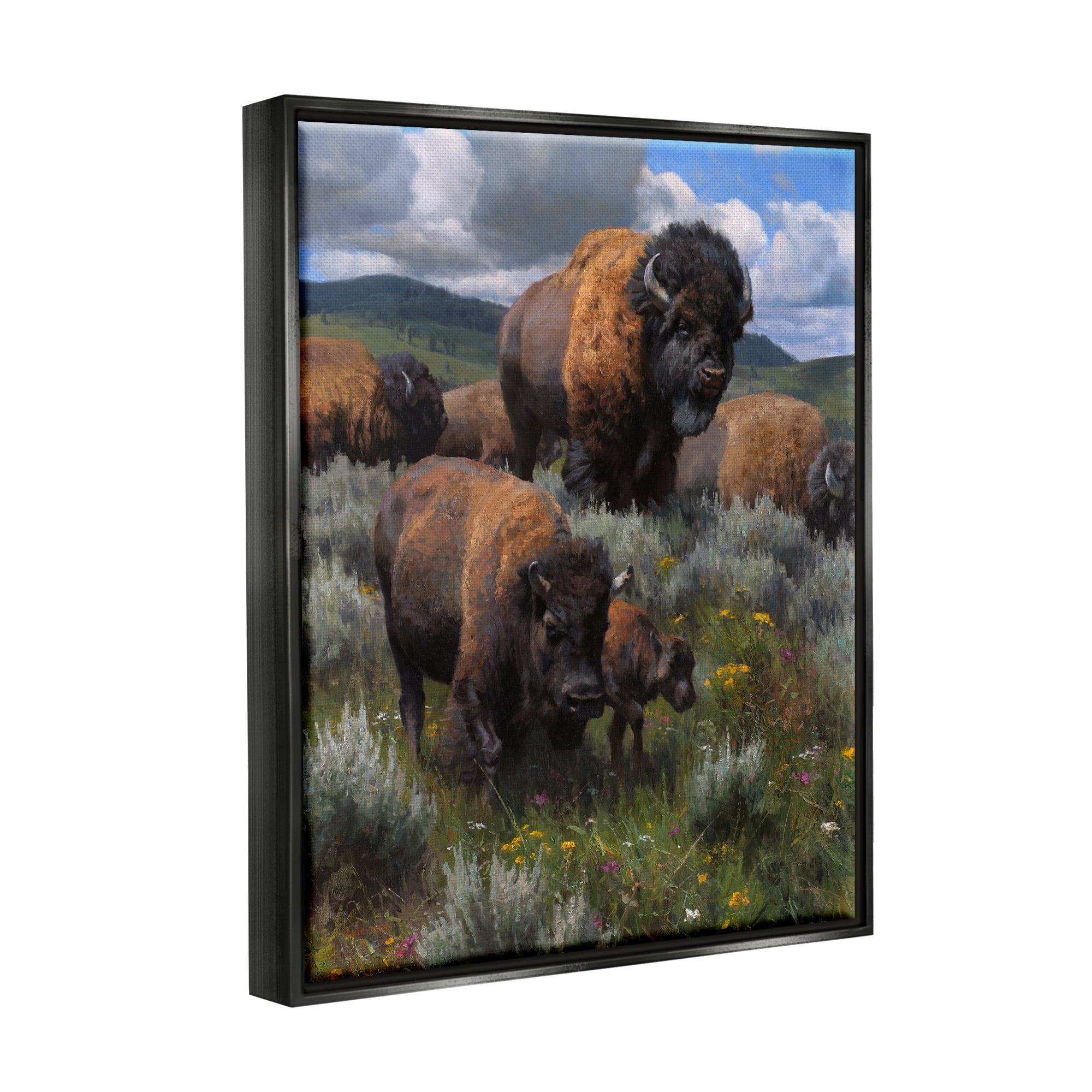 Stupell Industries Bison Herd Rural Landscape Animals & Insects Painting Black Floater Framed Art Print Wall Art, 17 x 21