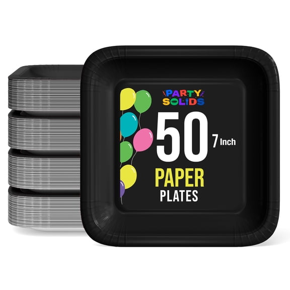 Exquisite Black Square Paper Plates, 7", 50 Count, Heavy Duty 350 GSM, Disposable Party Plates