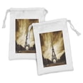 thumbnail image 1 of Eiffel Fabric Pouch Set of 2, Tourist Attraction in Paris France Brown Toned Skies Abstract Landscape Design, Drawstring Bag for Toiletries Masks and Favors, 9" x 6", Yellow and Brown, by Ambesonne, 1 of 2