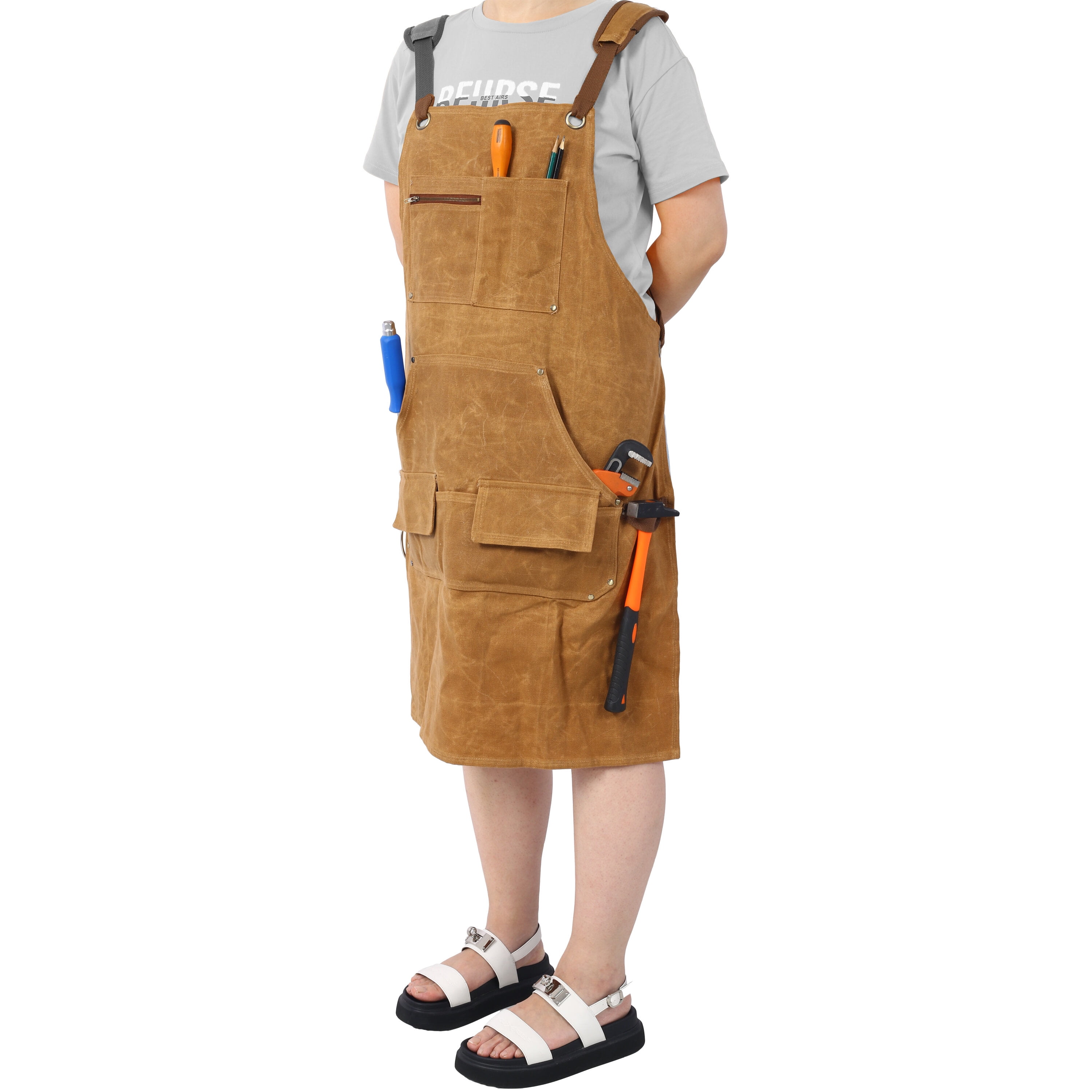 , Long Heavy Duty Waxed Canvas Tool Apron, Carpenter Aprons, Woodworking Aprons, Carpenters Water-Resistant 18 Oz ,Fully Adjustable to Comfortably Fit Men and Women, Brown ,Canvas ,