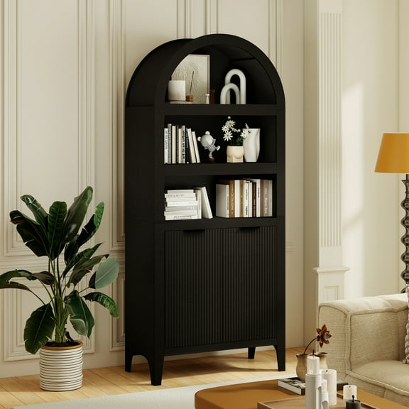 72" Tall Arched Bookcase,Black Large Floor Standing Bookshelf with Fluted Doors, Book Case for Living Room Hallway Kitchen Home Office Bedroom