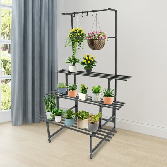 3 Tier Plant Stand with Hanging Rods,Carbon Steel Metal Plant Holder, Black Plant Stand Tri-tier Design