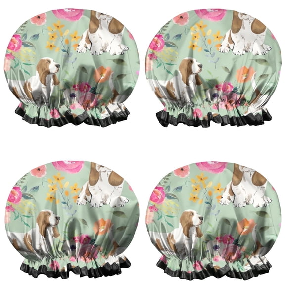 Shower Caps,Basset Hound and Pioneer Flower Waterproof Shower Cap for Women 4 Pieces,Double Reusable Hair Cover for Shower PEVA Elastic Stretch Hem