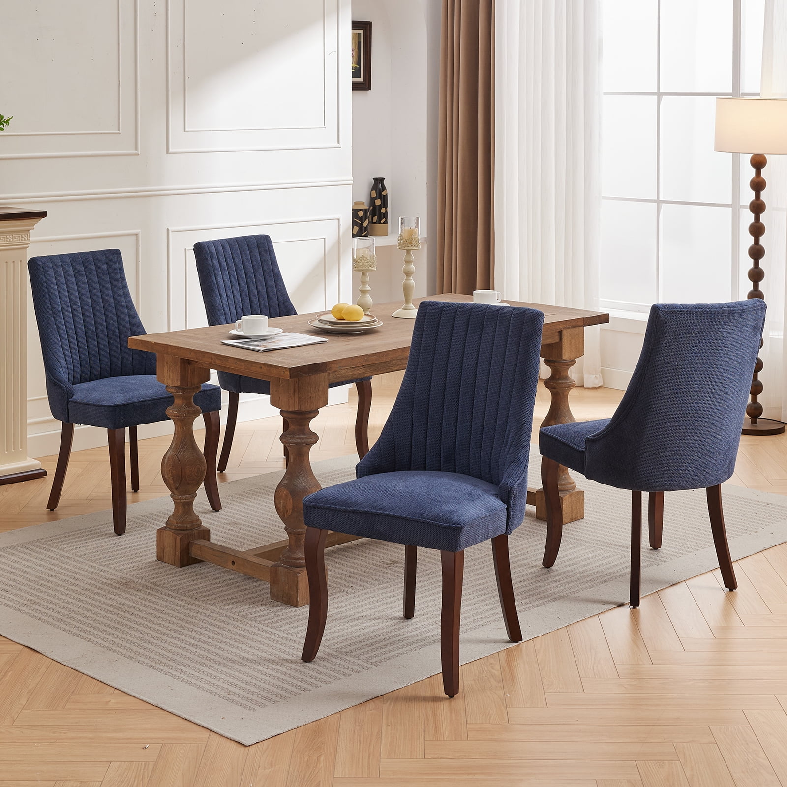 Navy Mid Century Dining Chairs Set of 8, Modern Kitchen & Dining Room Chairs Set of 8, Linen Upholstered Kitchen Chairs, Sillas de Comedor, Wood Legs (Blue, 8 Pcs)