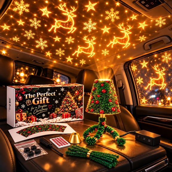 Merry Ride Christmas Car Projector Light, Mini USB Powered Green Christmas Projector, Portable Holiday Star Light for Wall and Ceiling Projection Party Decoration