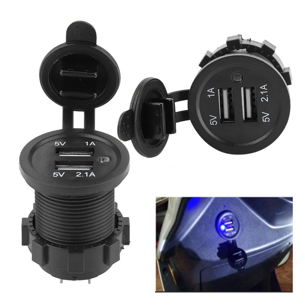 Tebru Boat USB Charger,3.1A ABS Dual USB Modification Charger Black for Car Motorcycle Boat Blue Light,Car USB Charger