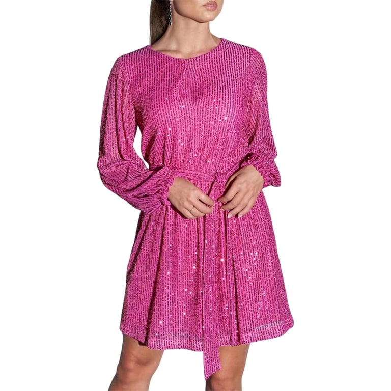Lifetechs Women's Sparkly Sequin Mini Dress Glitter Long Sleeve Boat Neck Swing Dress Sexy Nightclub Party Short Dress Silver White