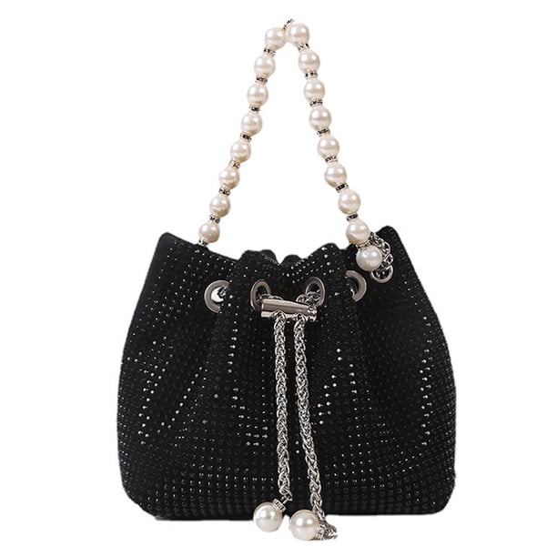 Mini bolso de noche tipo bandolera, bolso de mano brillante con correa de perlas para mujer