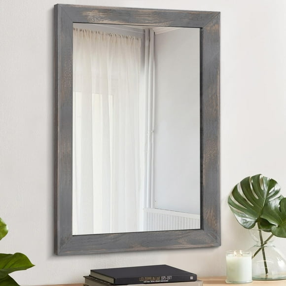 ERDS-Rustic Wood Mirror Rectangle Wall Mirror with Framed Bedroom Living Room Bathroom Hanging Mirror Grey