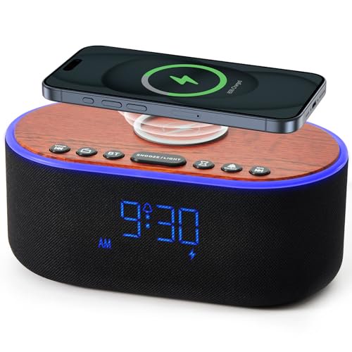 uscce Despertador Bluetooth Radio FM: Altavoz de Sonido estéreo de 10 W - Carga inalámbrica rápida para iPhone Samsung - Radio Reloj Regulable para Dormitorio