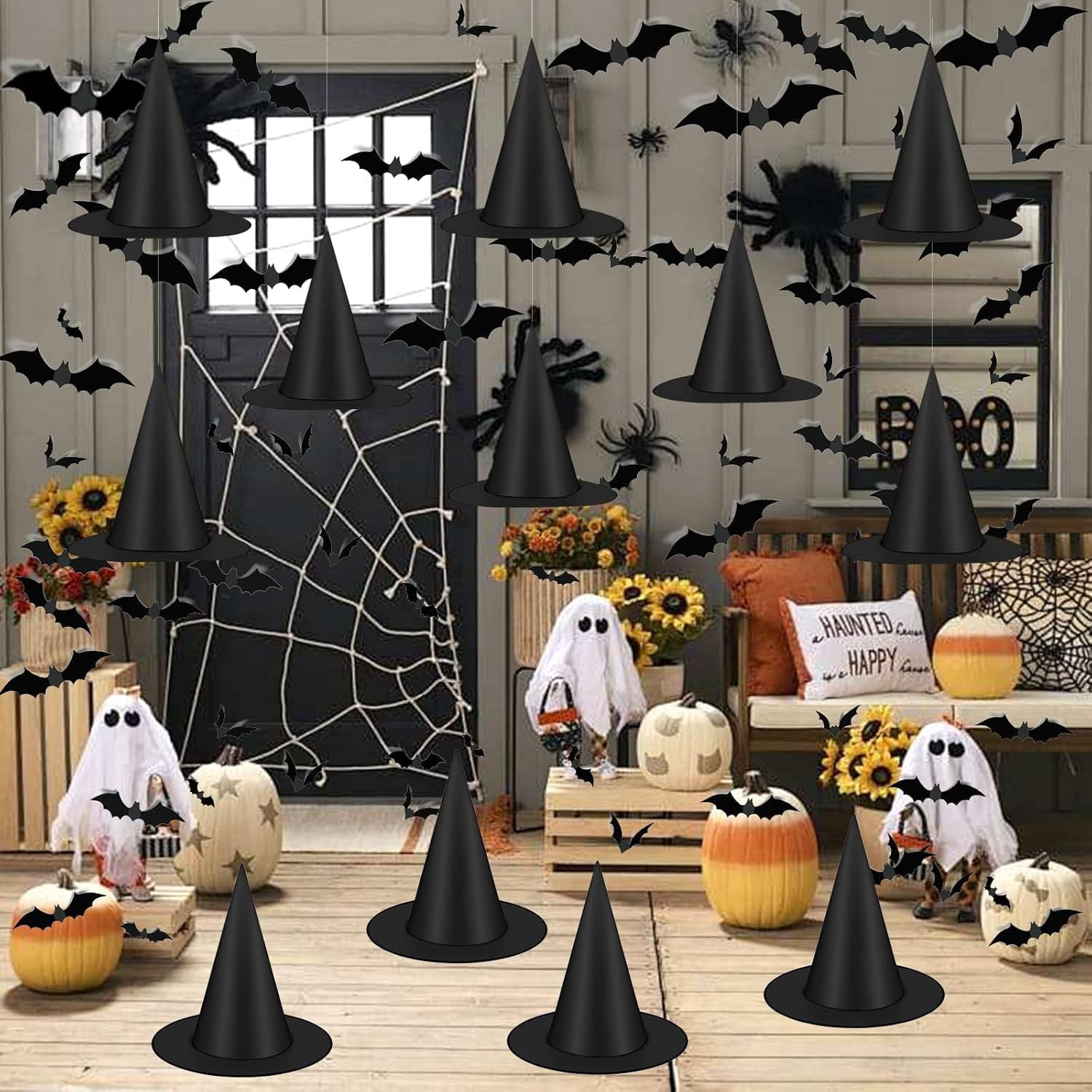 12 Pack Halloween Witch Hats with 120 Bat Stickers and 157ft Fishing Thread for Party Decor