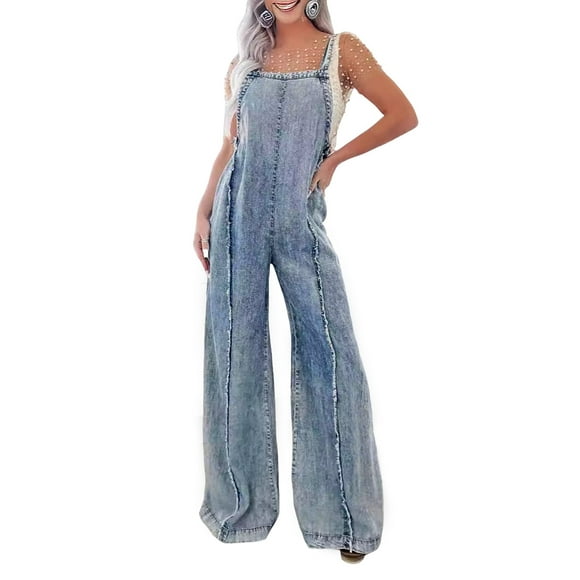 Women Loose Fit Denim Jumpsuit Adjustable Straps Wide Leg Long Pants Frayed Jean Overalls Blue S
