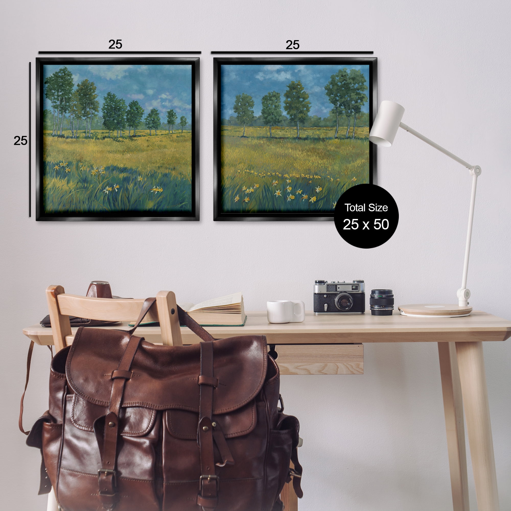 Stupell Industries Daffodil Tree Lined Field Landscape & Nature Painting Black Floater Framed Canvas Art Print Wall Art, 25 x 25, Set of 2
