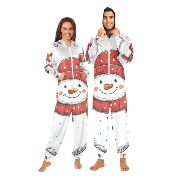 Red Hat Snowman Adult Onesie Pajamas Slim Fit Christmas One Piece Suit Pjs for Women and Men Hooded Zipper