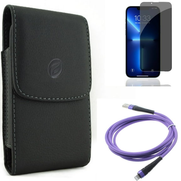Privacy Screen Protector & 10ft USB Cable & Case Belt Clip for iPhone 13/Pro - Combo with Tempered Glass Curved Anti-Spy & Purple Charger Cord Power & Leather Holster Cover
