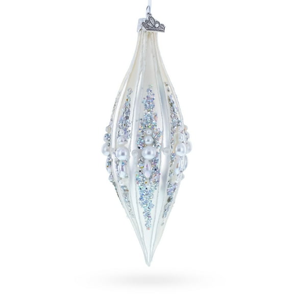 Pearl and Glitter Jeweled Elongated Pointed Teardrop Finial Glass Christmas Ornament
