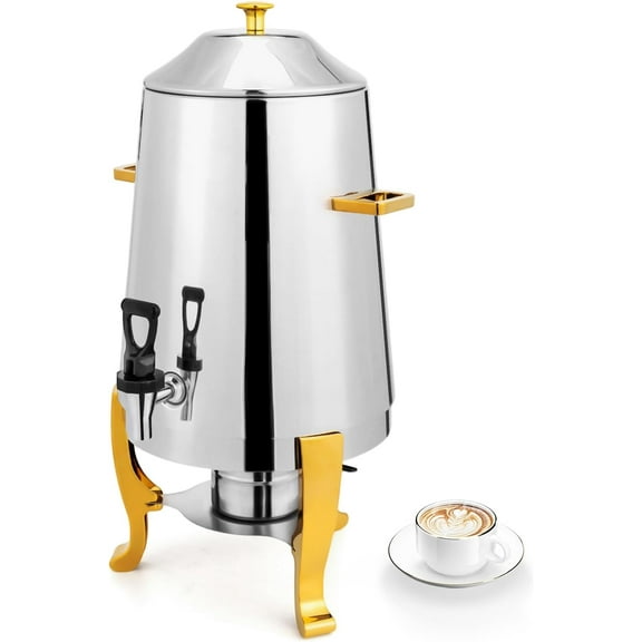 ROVSUN 3.5 Gallon/13L Beverage Dispenser Gold Accent, Stainless Steel Coffee Chafer Urn with Fuel Holder, Drink Dispenser with Ice Container Spigot, Hot & Cold Drinks for Party Catering Event
