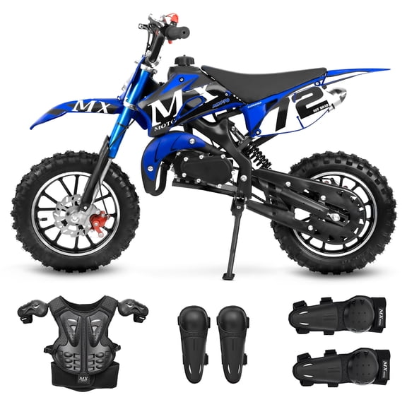 Kids Dirt Bike 49cc Gas Powered - 2-Stroke Off-Road Motorcycle for Ages 13 , 24 MPH Max Speed with Shock Absorber & Dual Disc Brakes，Kill Switch, Max Load 220LBS, with Armor, BLUE