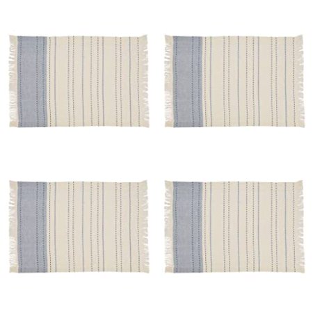 

Fennco Styles Dobby Striped Cotton Fringe Placemats 13 W x 19 L Set of 4 - Blue Line Design Table Mats for Home Décor Holiday Banquet Family Gathering and Special Occasion