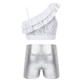 thumbnail image 2 of YONGHS Kids Girls 2-Piece Tracksuit Gymnastics Dance Outfit Sequin Ruffle Crop Top with Shorts Silver 6, 2 of 7