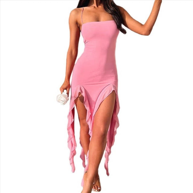 Vestido de Fiesta Elegante de Verano para Mujer, Sin Tirantes, Tubo, Midi, Ajustado, con Volantes Irregulares y Borlas Rosa M