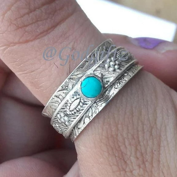 Turquoise Ring | 925 Sterling Silver Ring | Handmade Texture Meditation Ring |Hot Arrival Turquoise Ring | Fidget Ring |Spinner Ring For Her