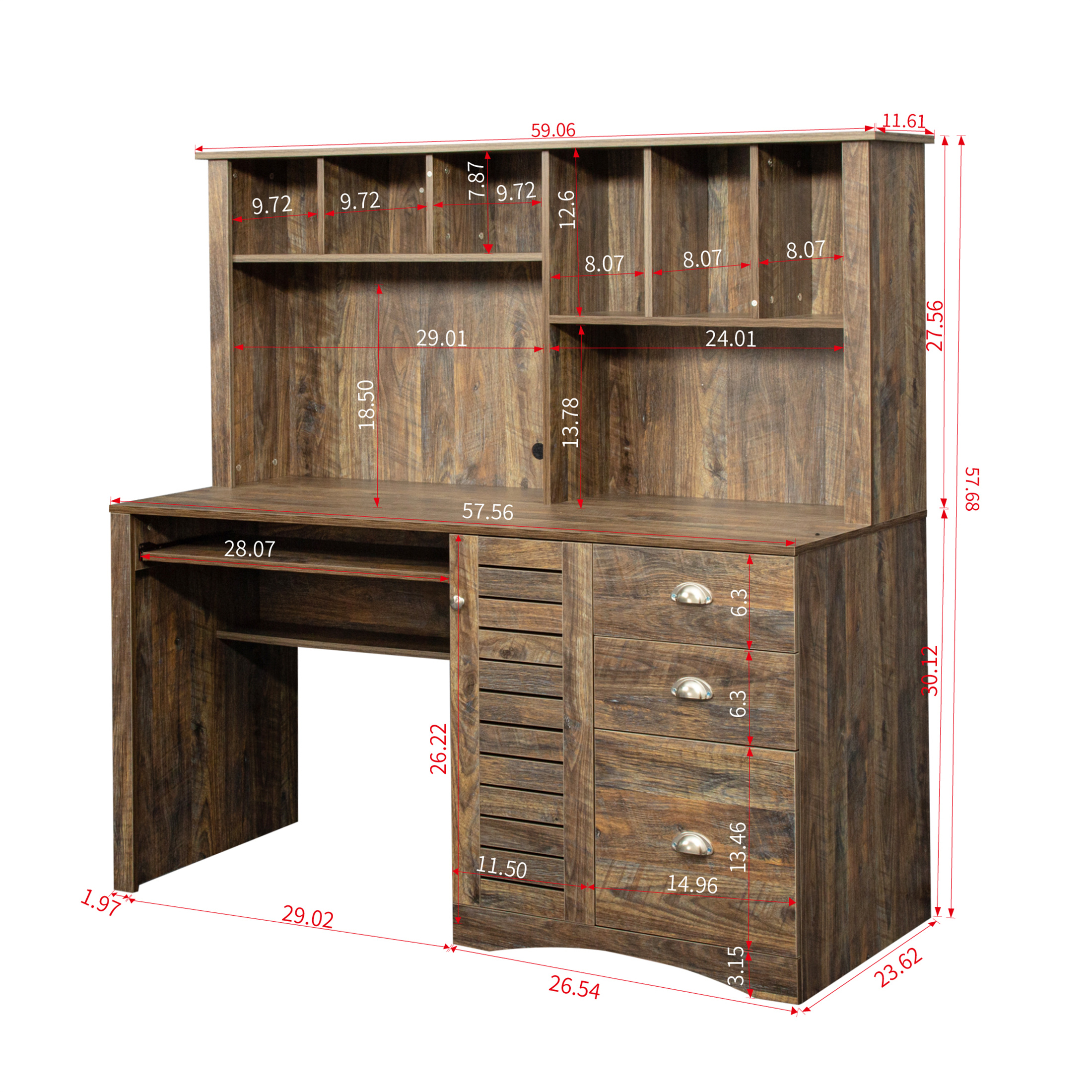 Aukfa 59" Computer Desk with Hutch for Home Office, 3 Drawers, Keyboard Tray, Brown