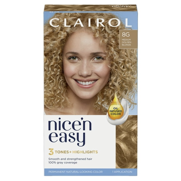Clairol Nice'n Easy Permanent Hair Color Cream, 8G Medium Golden Blonde, Hair Dye, 1 Application