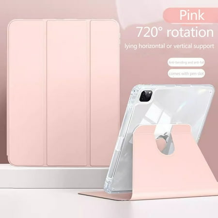 Housse IPad Air 13 2024 Avec Rotatif 360° – Coque Fine Transparente Rose, Porte-Stylo, Réveil Auto, Résistant Chocs