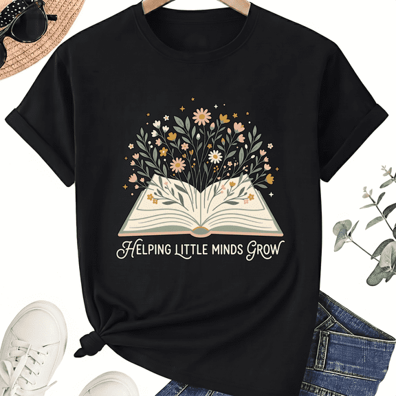 Floral Book Teacher Graphic T-Shirt, 100% Cotton Unisex Crew Neck Short Sleeve