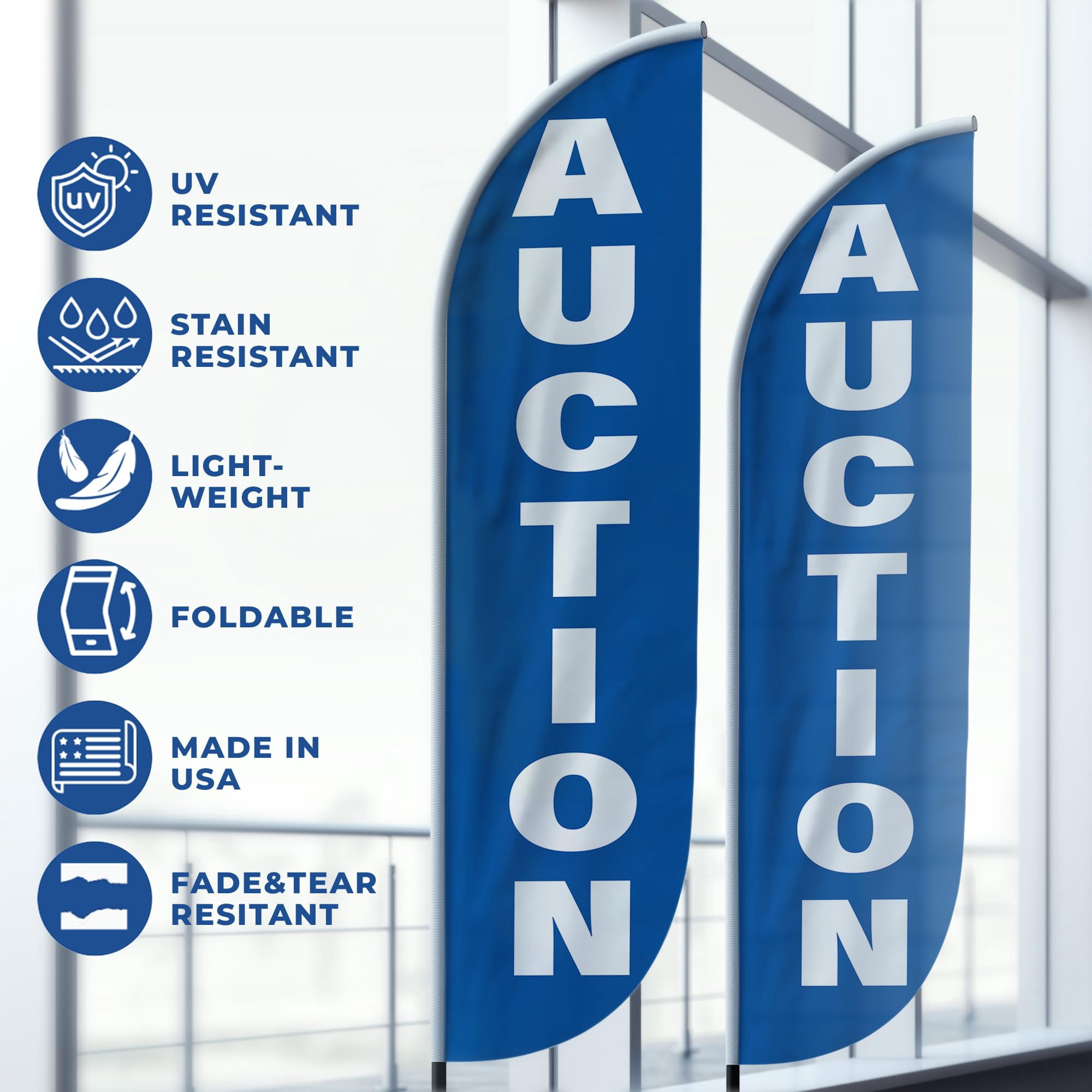 Auction Feather Flag(11.5feetX2.5feet) by DreamController | Outdoor Business Advertising Tall Flag | Weather-Resistant Knitted Swooper Flag | Made in USA | HD Print(Flag Only)