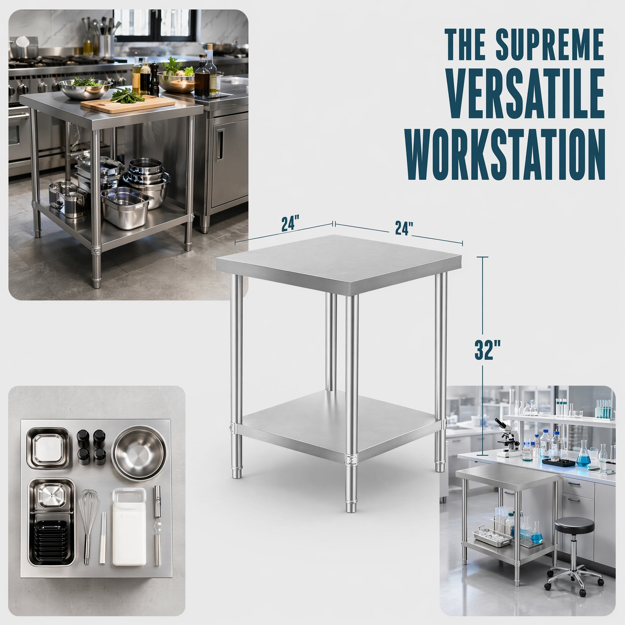 GARITIN 24 x 24 Inch Commercial Work Table, Stainless Steel Kitchen Prep Table with Under Shelf for Restaurant & Home, Silver