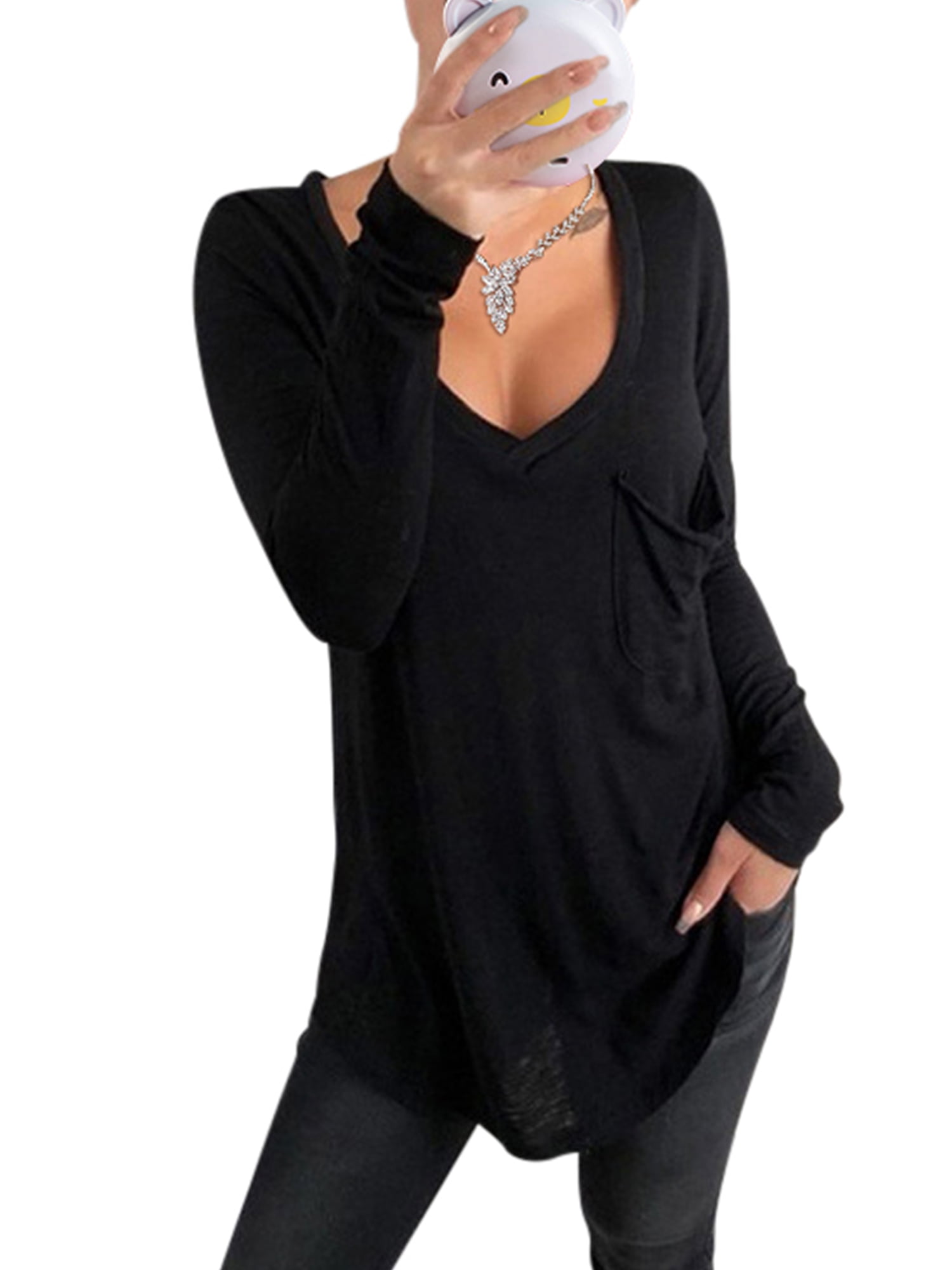 S-3XL Women Solid Color Basic V Neck Tee Shirts Loose Baggy Long Sleeve ...