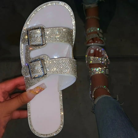 

EQWLJWE Women s Fashion Casual Flat Crystal Beach Comfortable Slip On Slippers Shoes Women s Slippers Holiday Clearance