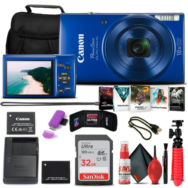 Canon PowerShot ELPH 190 IS Digital Camera (Blue) (1090C001) + 32GB Card + NB11L Battery + Case + Charger + Card Reader + Corel Photo Software + Flex Tripod + Memory Wallet + Cleaning Kit + USB Cable