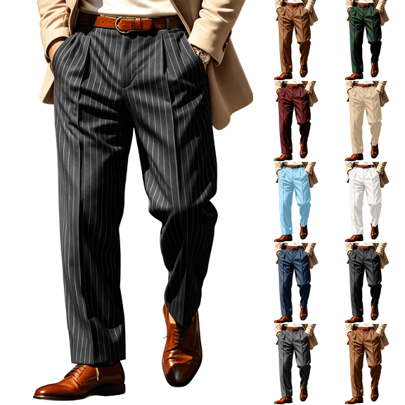 Men's Striped Dress Pants Slacks Slim Fit Business Work Suit Long Trousers S