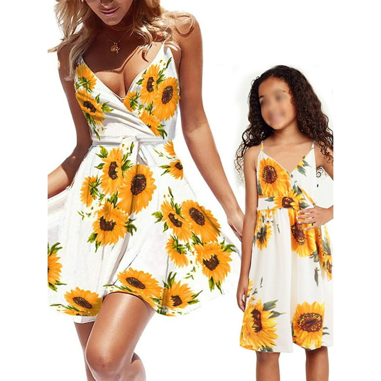 Glonme Mother Daughter Sunflower Print V Neck Family Matching