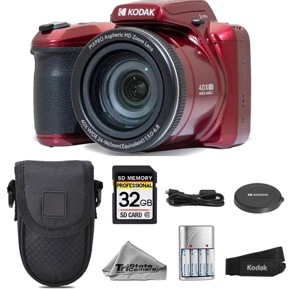 Kodak PIXPRO AZ405 Digital Camera (Red) Extra Batteries Case 32GB Kit