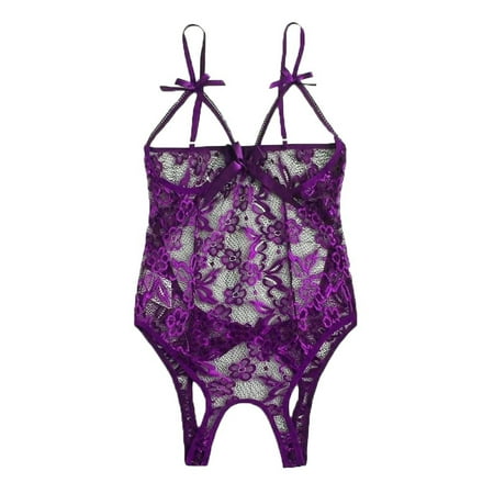 MSJUHEG Jumpsuits For Women One Piece Jumpsuit Women Bow Lace Hollow Open Crotch Teddy Bodysuit Backless Jumpsuit Shapewear Bodysuit Purple Xl