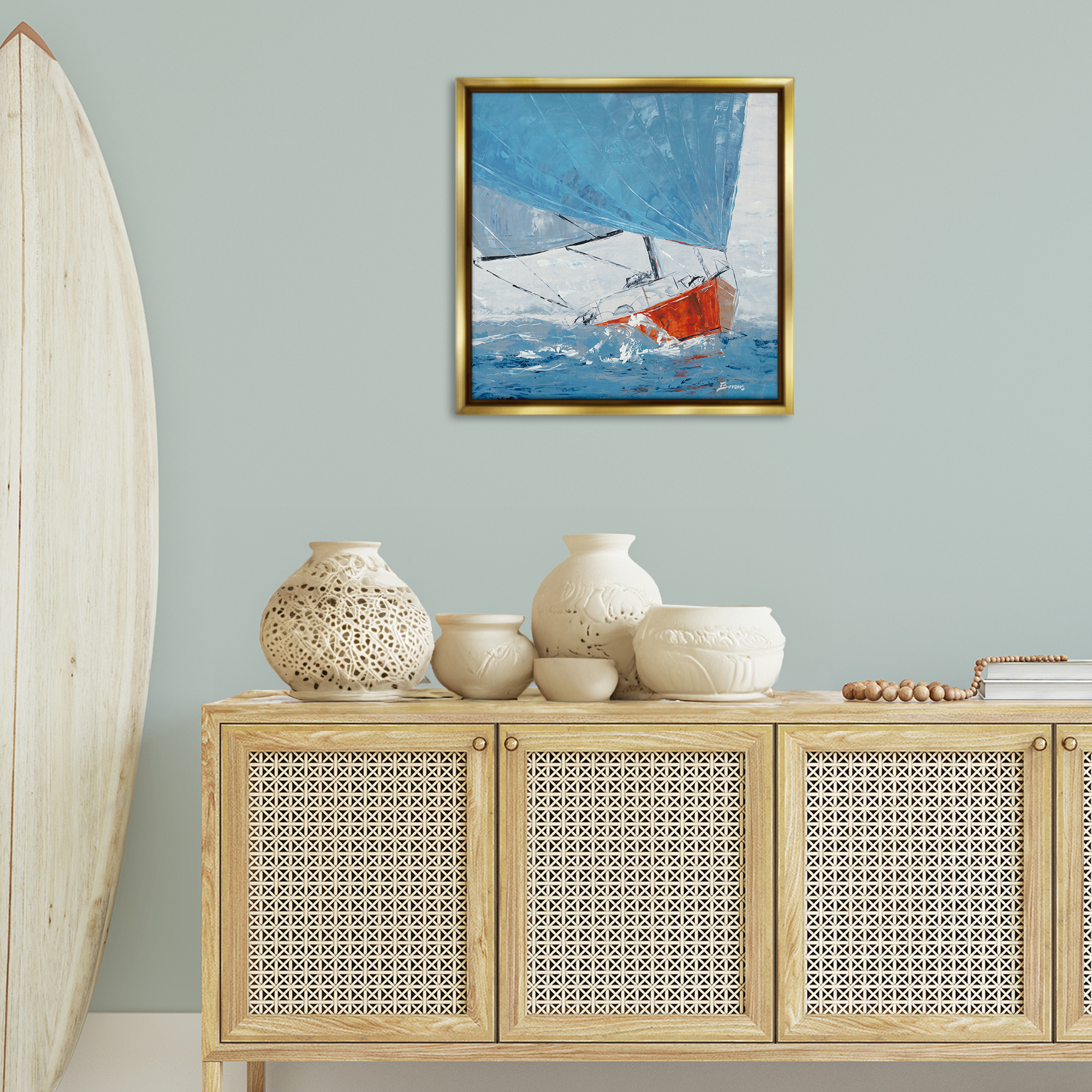 Stupell Industries Crashing Waves Against Boat Nautical & Beach Painting Gold Floater Framed Canvas Art Print Wall Art, 25 x 25