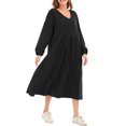 thumbnail image 1 of Vestido de color sólido para mujer, cuello en V, manga larga, puño elástico, fruncido, vestido de Romacci Vestido de color liso, 1 of 7