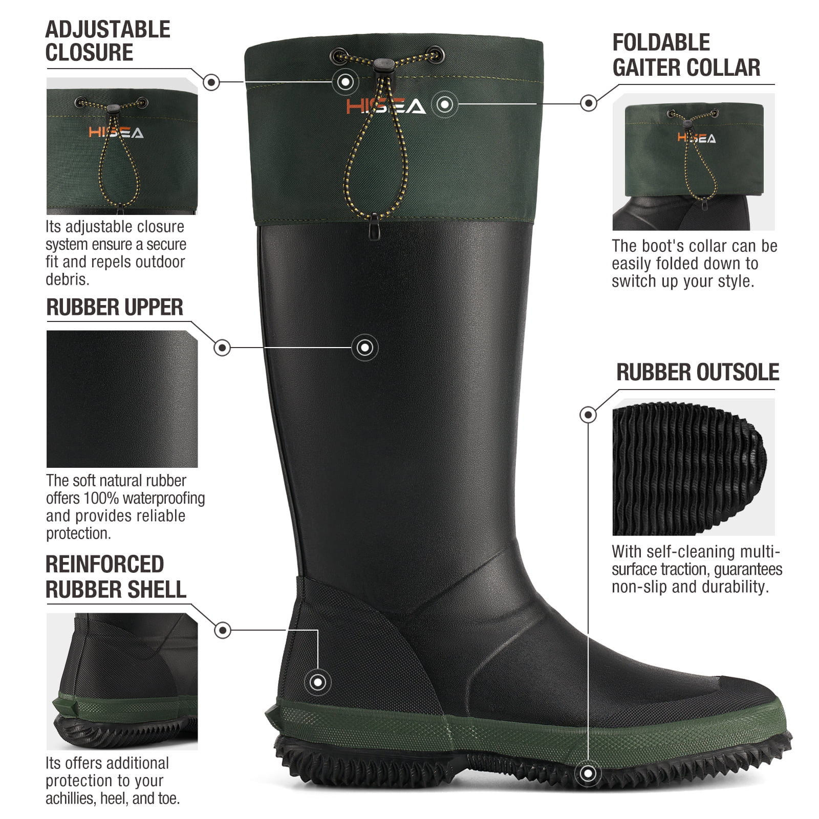 HISEA Men’s Rubber Rain Boots with Adjustable Closure for Men, Green, US Size 9