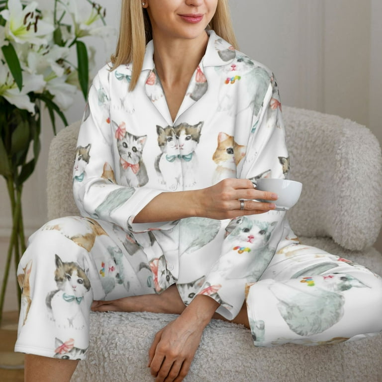 Pajamas for Women Set Classic Painted Cute Cartoon Cat Soft