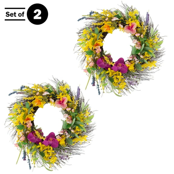 Pure Garden Set of Two 24-Inch Artificial Daisy and Lavender Wreaths